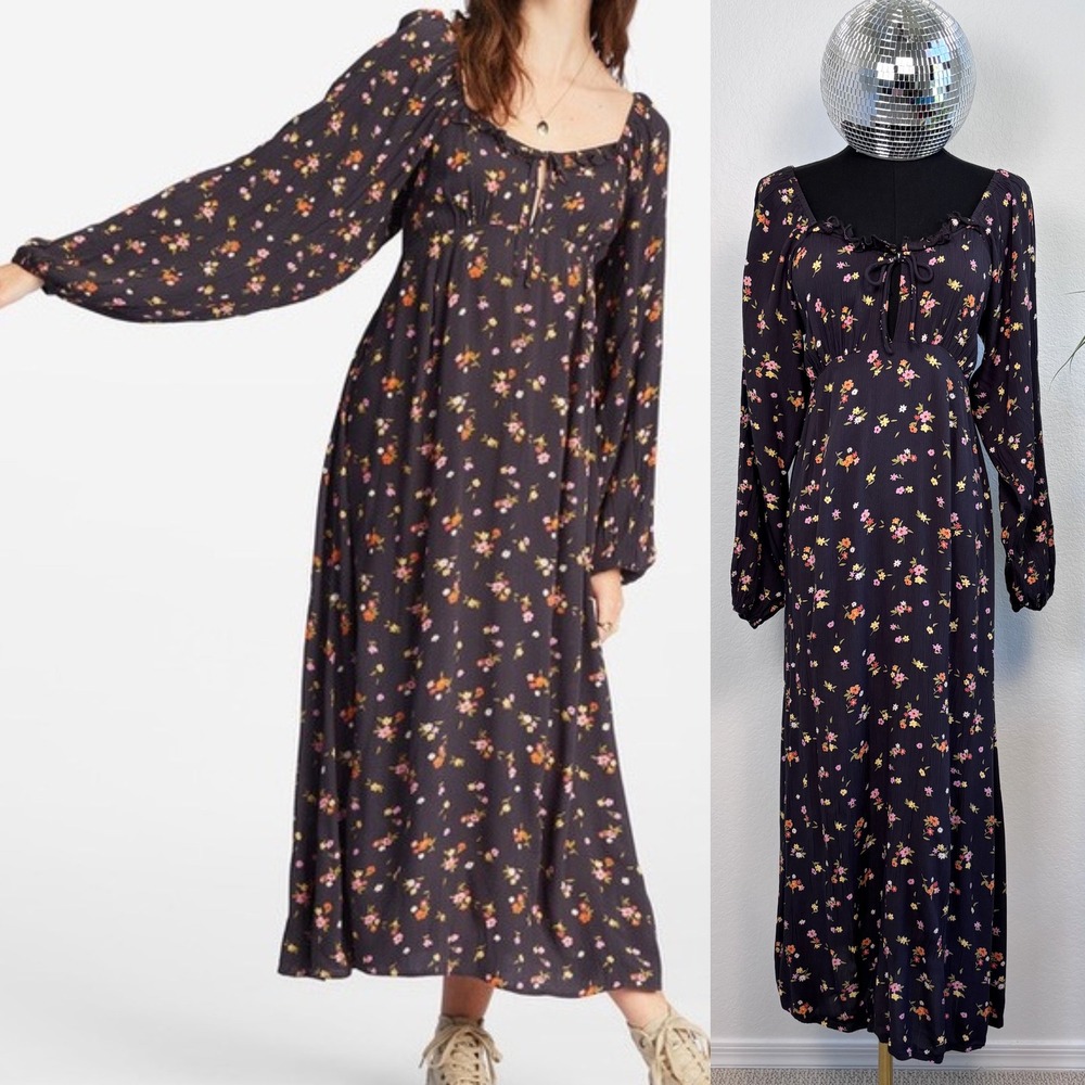 Billabong Floral Maxi Dress, Black XS, Long Sleeve Boho Prairie‎ Cottage whimsy